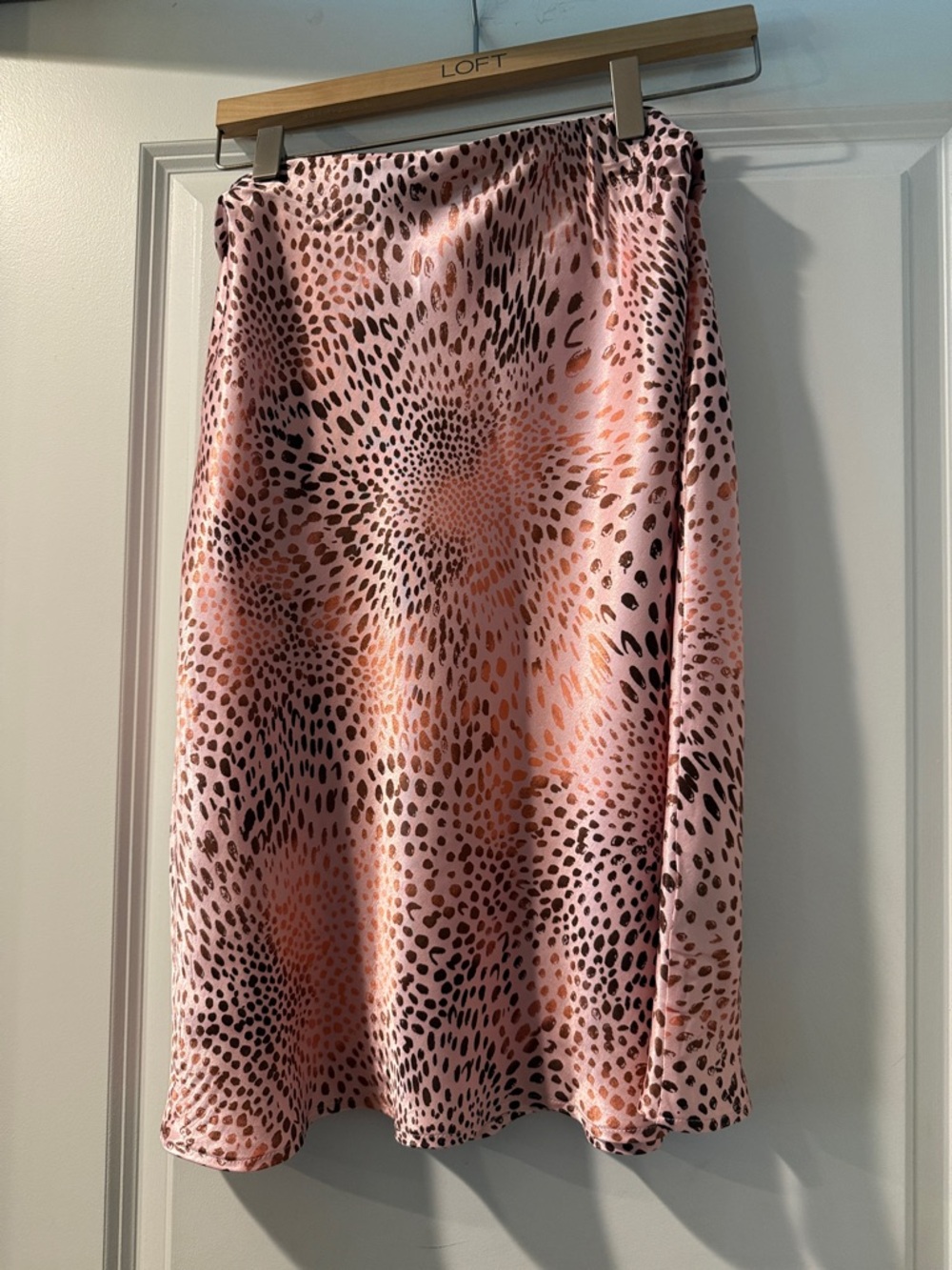 Anthropologie Pink and Black Satin Print Midi Skirt